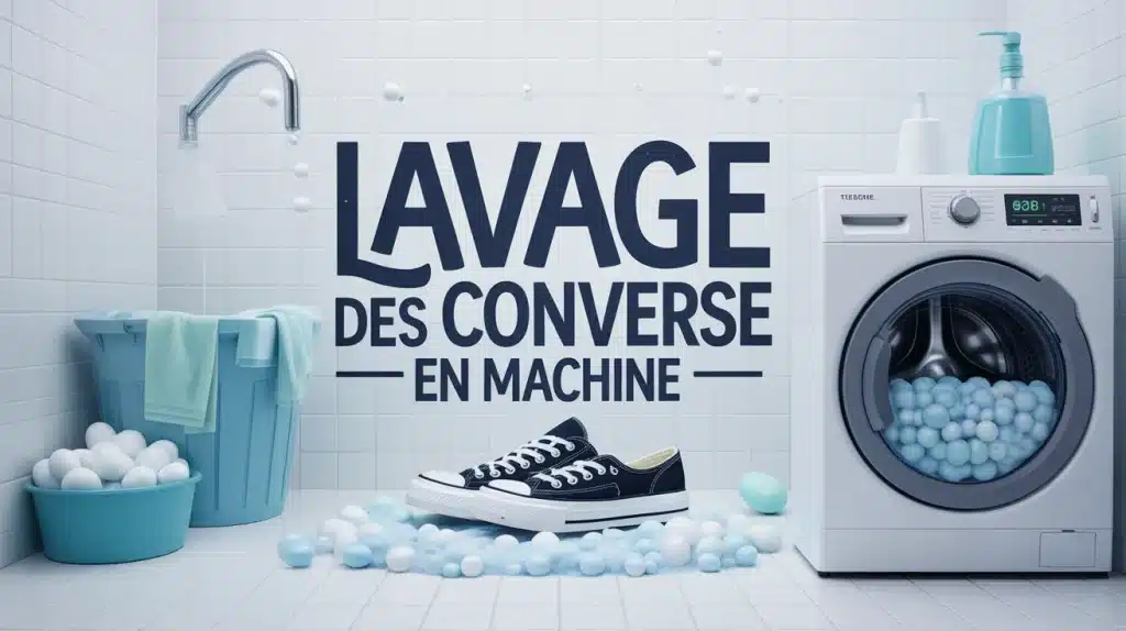 Illustration vectorielle lavage des Converse en machine avec bulles et filet de protection