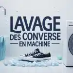 Illustration vectorielle lavage des Converse en machine avec bulles et filet de protection