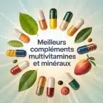 illustration vectorielle meilleurs compléments multivitamines et minéraux capsules et feuilles