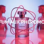 Flacon de parfum aux phéromones avec ondes chimiques abstraites