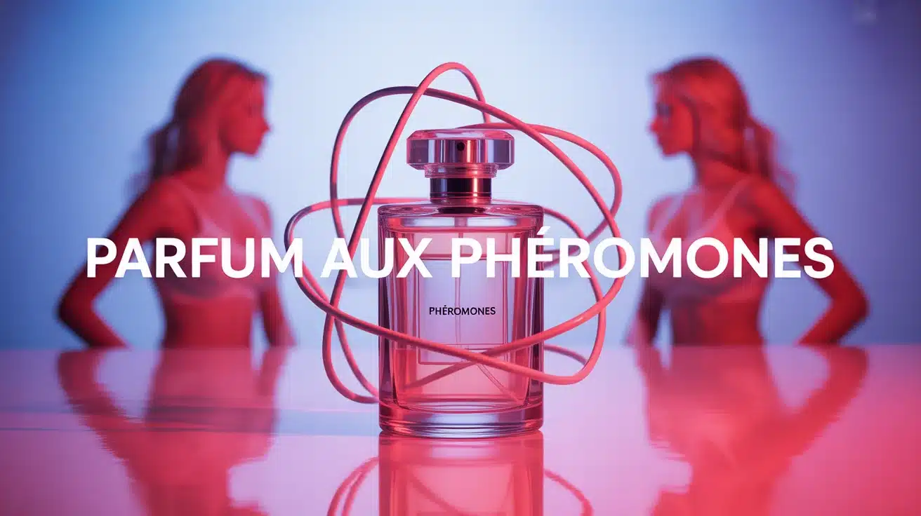 Flacon de parfum aux phéromones avec ondes chimiques abstraites