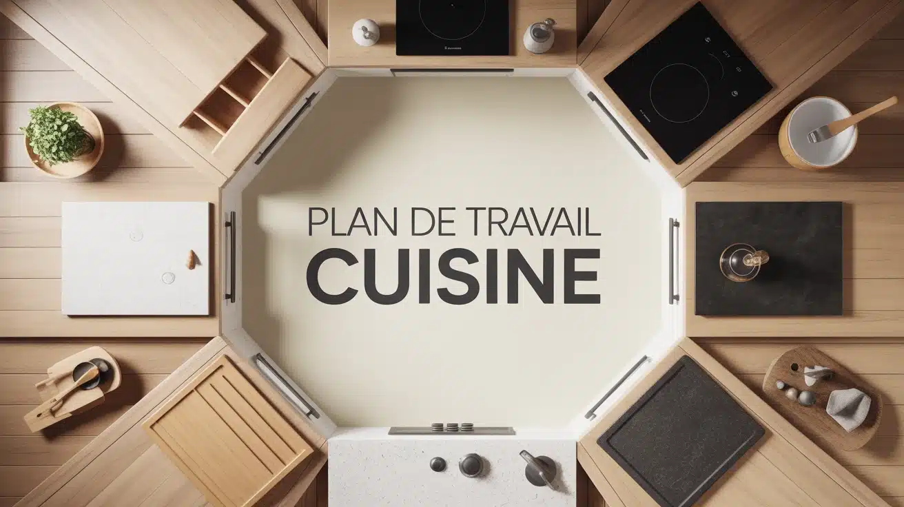 Illustration plan de travail cuisine matériaux bois granit quartz céramique inox