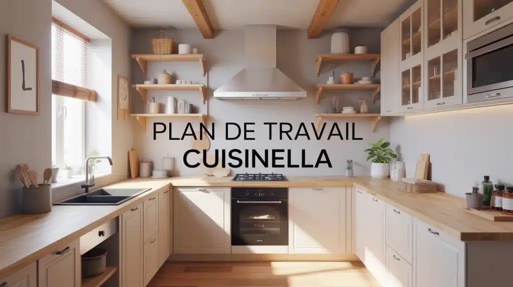 Cuisine stylisée avec plan de travail Cuisinella en bois béton pierre