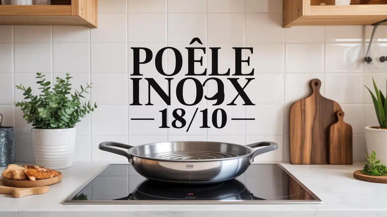 Poêle inox 18 10 avec symboles de durabilité et qualité