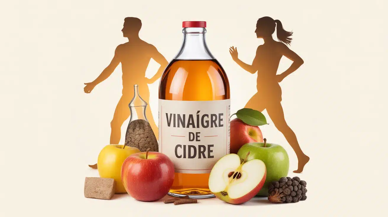 Bouteille de vinaigre de cidre avec pommes et silhouettes perte de poids