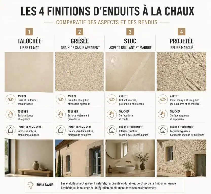 Comparatif visuel des finitions d'enduits à la chaux pour façades à Paris : talochée, grésée, stuc et projetée