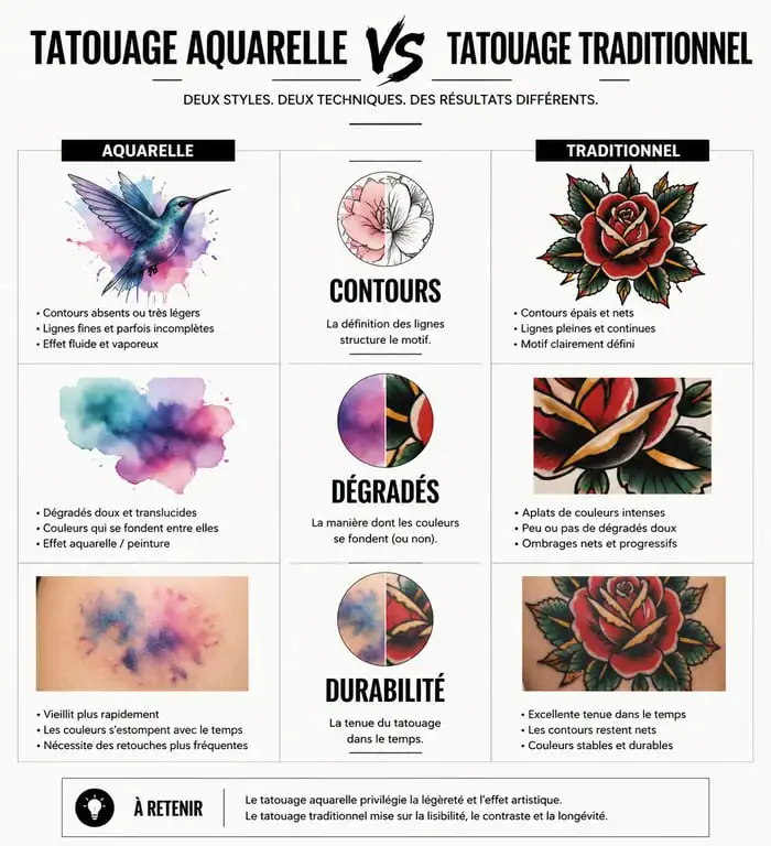 Infographie comparative des styles de tatouage aquarelle vs traditionnel