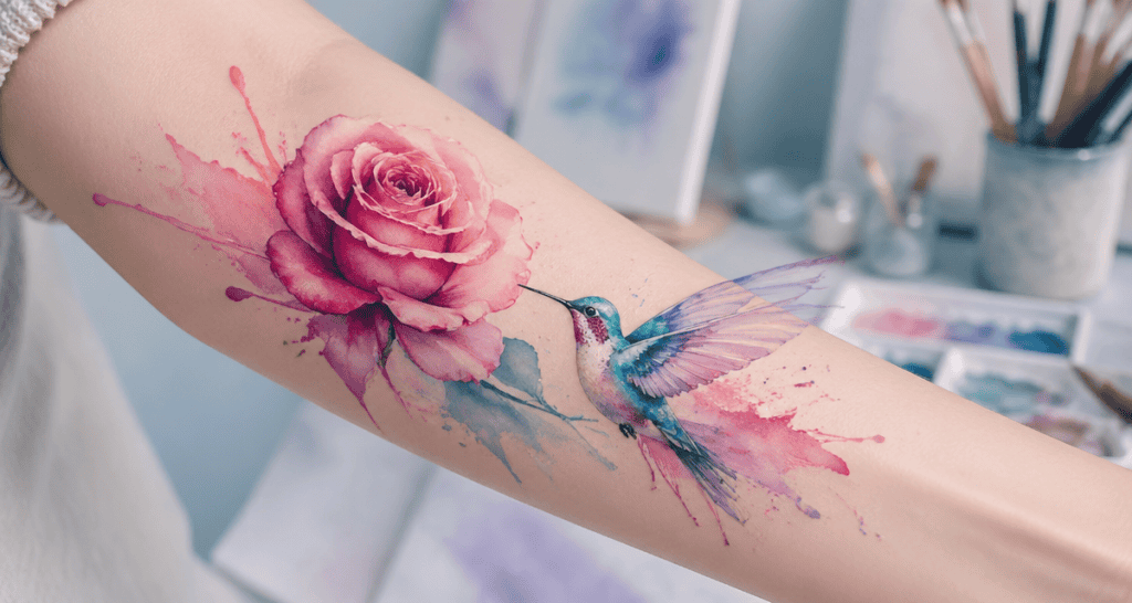 tatouage aquarelle rose colibri sur avant-bras