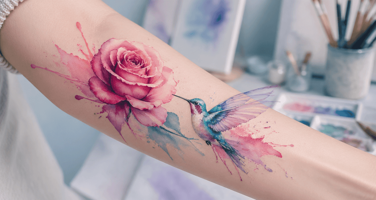 tatouage aquarelle rose colibri sur avant-bras