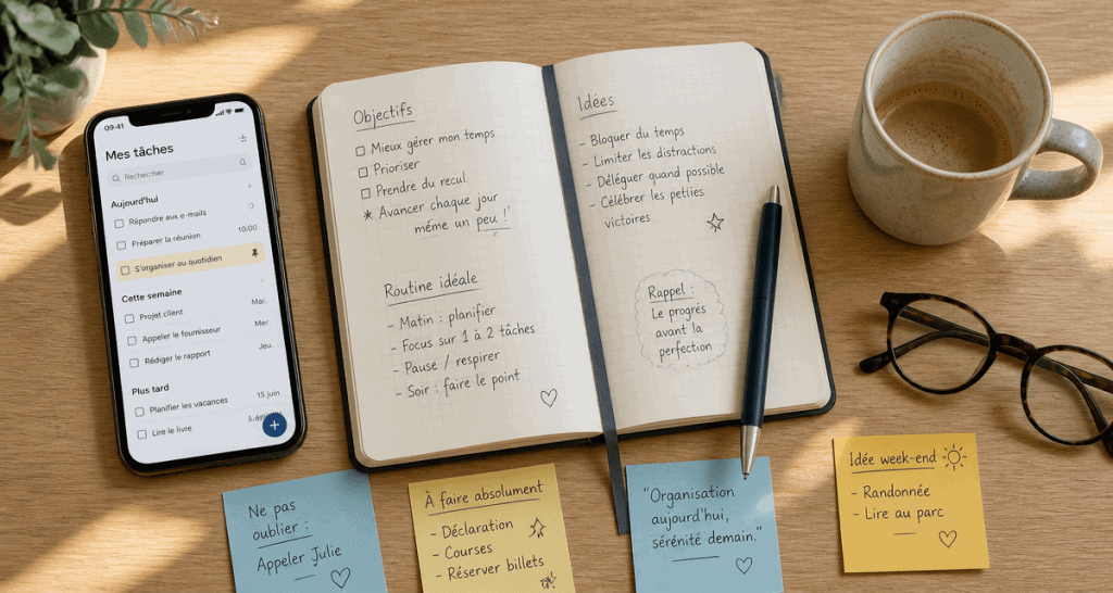 application pour s organiser vue flat lay bureau