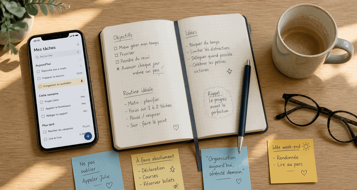 application pour s organiser vue flat lay bureau