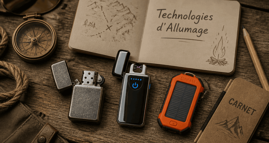 Trois briquets gaz plasma solaire sur table avec accessoires