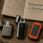 Trois briquets gaz plasma solaire sur table avec accessoires