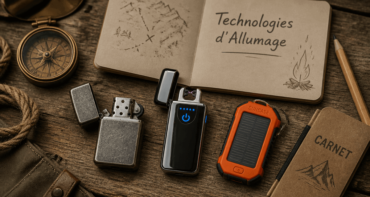 Trois briquets gaz plasma solaire sur table avec accessoires