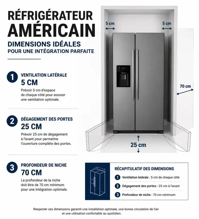 Schéma technique des dimensions pour intégrer un frigo américain dans une cuisine