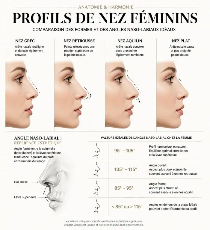 Schéma des différents types de nez femme et critères esthétiques de profil