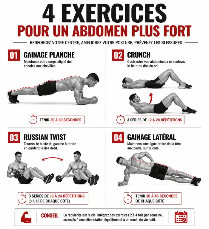 Infographie des meilleurs exercices abdos maison pour renforcer la sangle abdominale