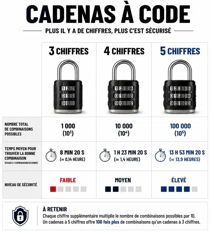 Infographie comparative des niveaux de sécurité selon le nombre de chiffres d'un code cadenas