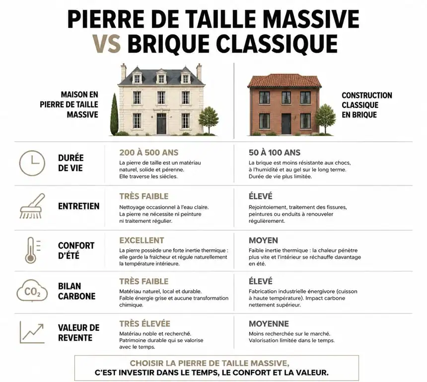 Infographie comparative des avantages d'une maison en pierre de taille par rapport à une construction classique