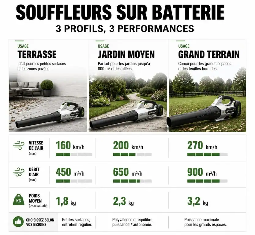 Comparatif des caractéristiques techniques pour choisir le meilleur souffleur sur batterie selon l'usage
