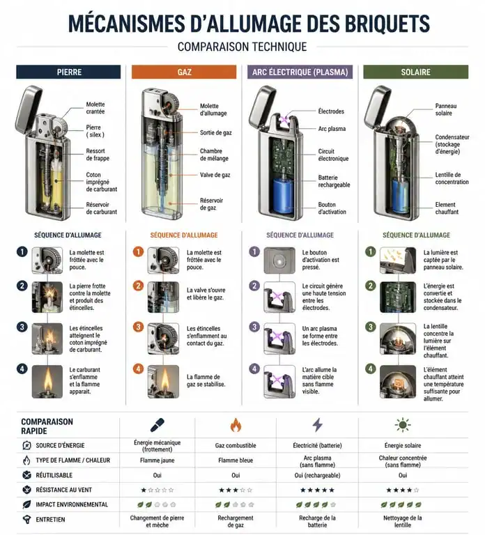 Schéma comparatif des technologies de briquets : pierre et gaz, plasma et solaire