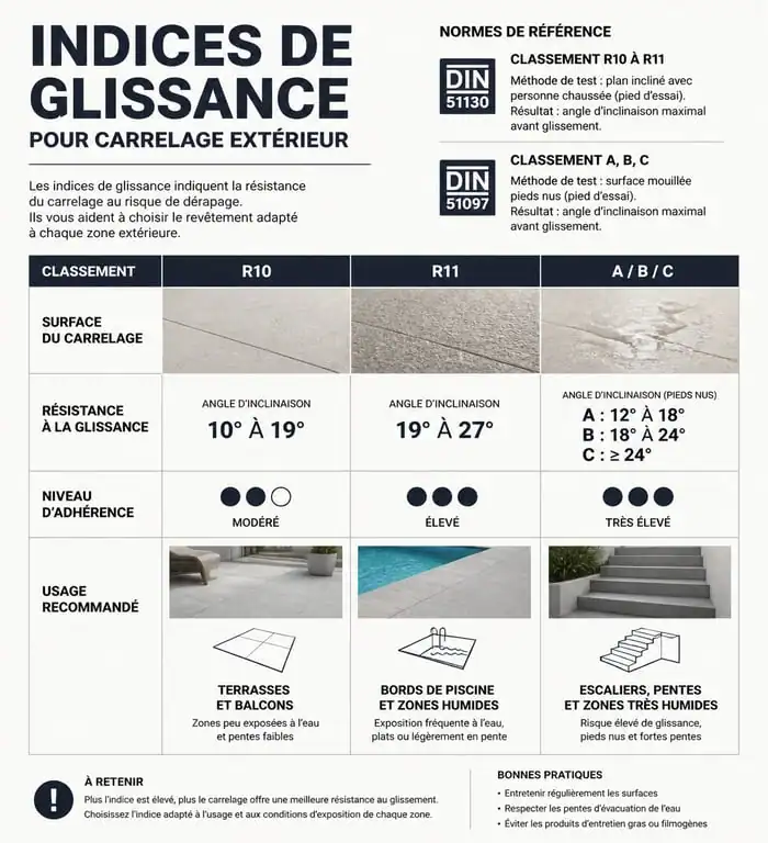 Infographie des indices de glissance pour carrelage terrasse moderne