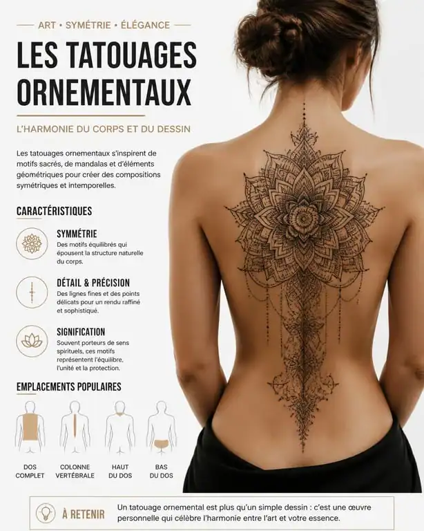 Tatouage ornemental avec motifs mandala et dentelle sur le dos