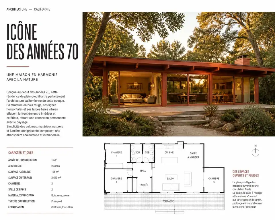 Maison californienne année 70 avec structure en bois et grandes baies vitrées dans un jardin arboré