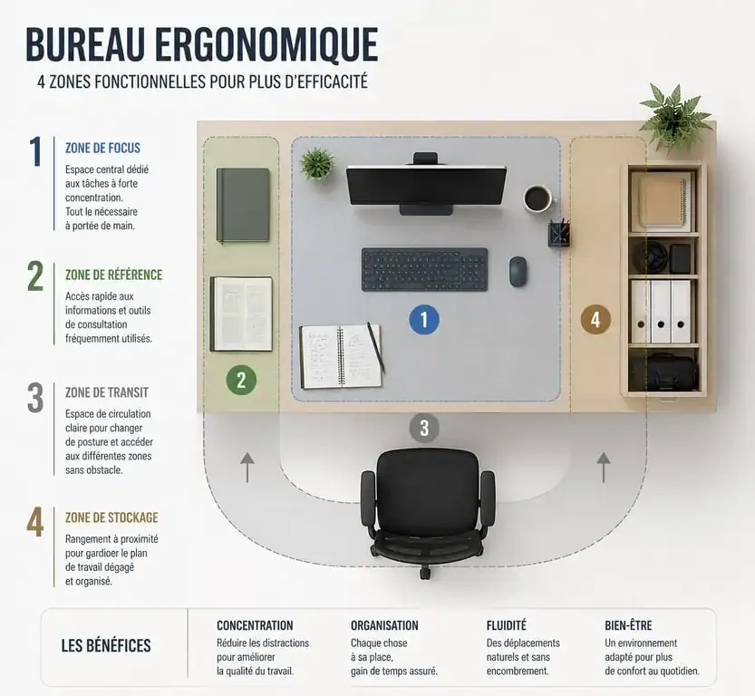 Schéma des 4 zones fonctionnelles pour organiser un bureau
