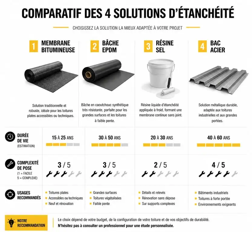 Infographie comparative des solutions d'étanchéité des toitures : EPDM, bitume, résine et bac acier
