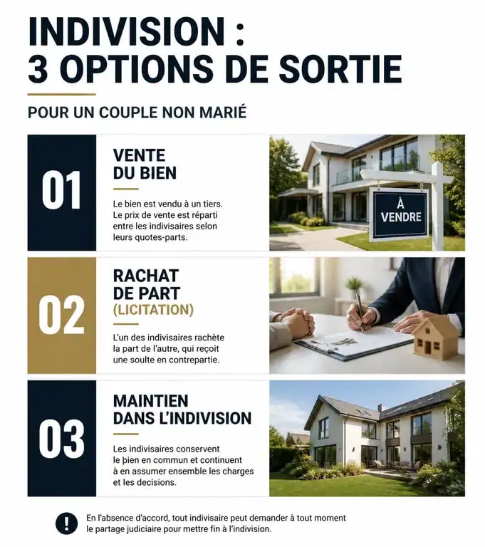 Infographie sur les options de séparation d'un couple non marié possédant une maison en indivision