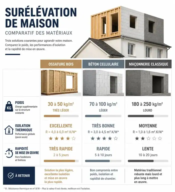 Infographie comparative des matériaux pour surélévation de maison ancienne : bois, béton et maçonnerie
