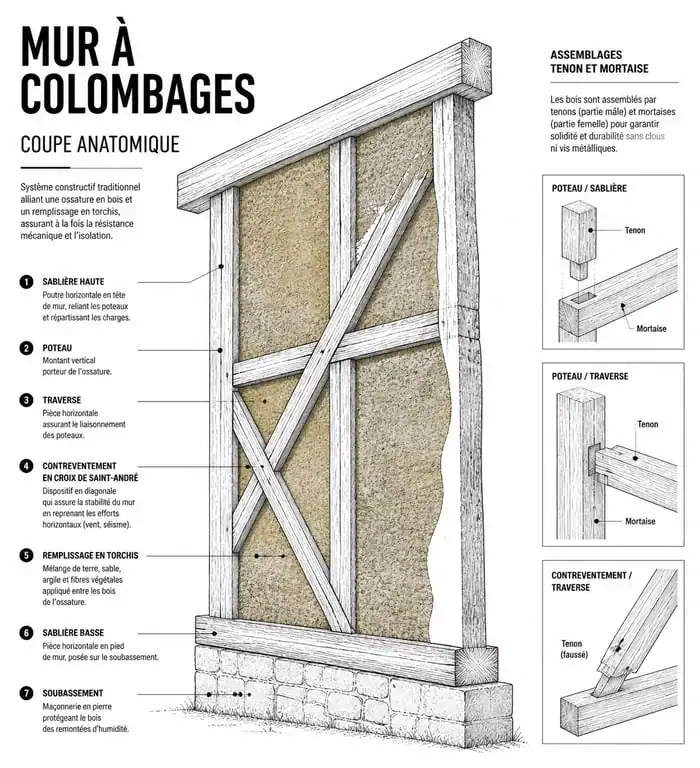 Schéma technique de la structure d'une maison à colombages