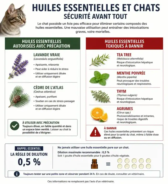 Infographie sur la sécurité des huiles essentielles anti-puce pour chat : huiles autorisées et toxiques