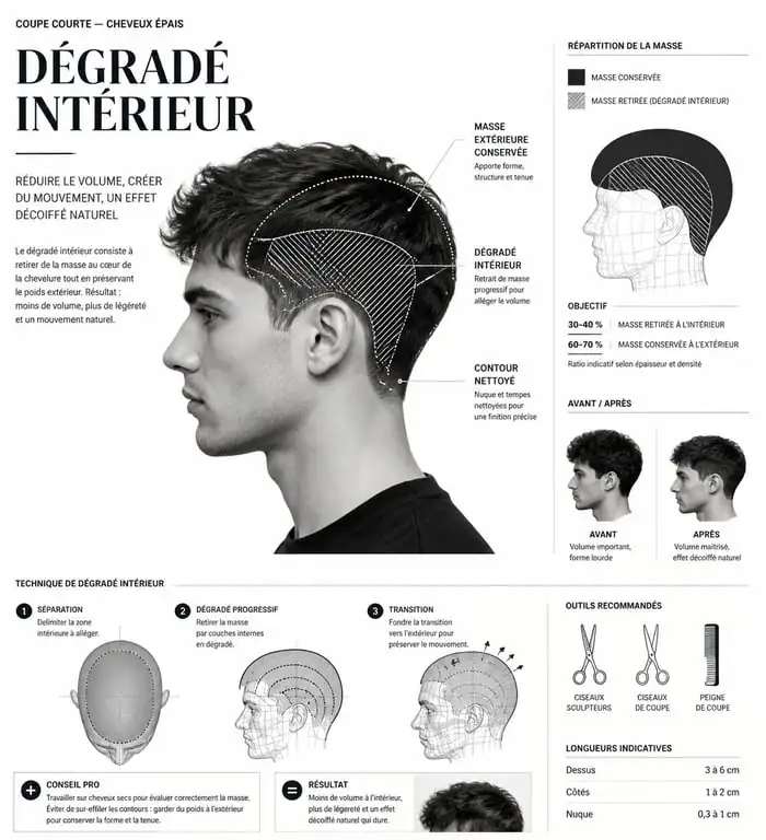 Schéma technique de coupe courte pour cheveux épais avec dégradé intérieur pour un effet décoiffé