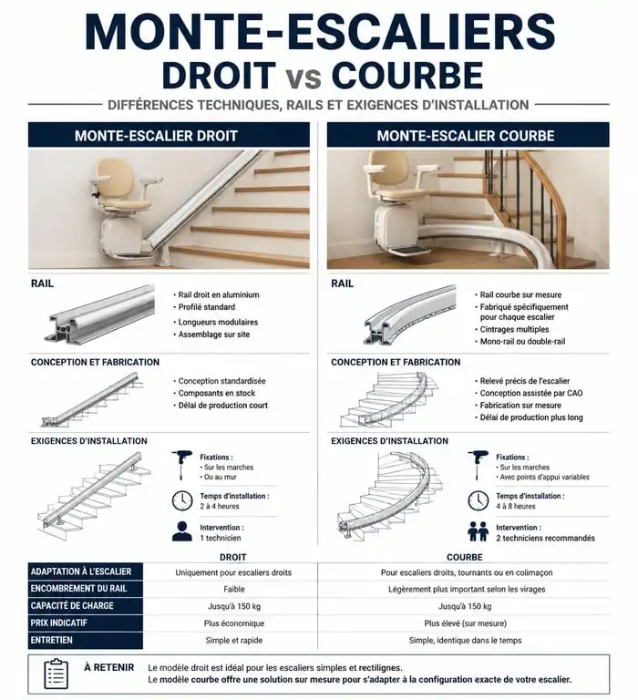 Infographie comparative des types de monte-escaliers droit et tournant pour votre projet