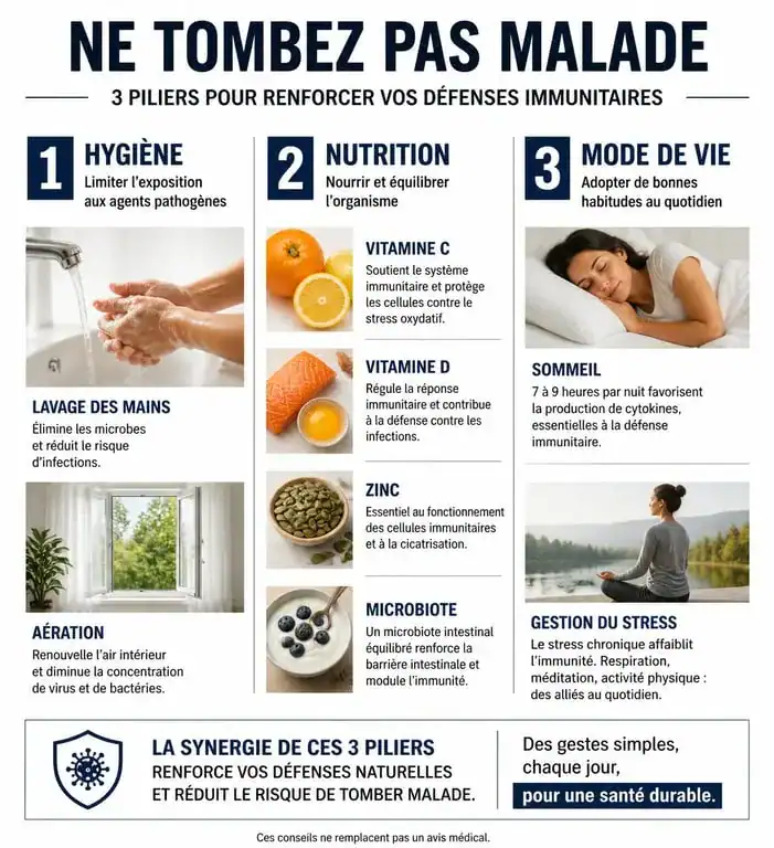 Infographie sur comment ne pas tomber malade : hygiène, nutrition et sommeil