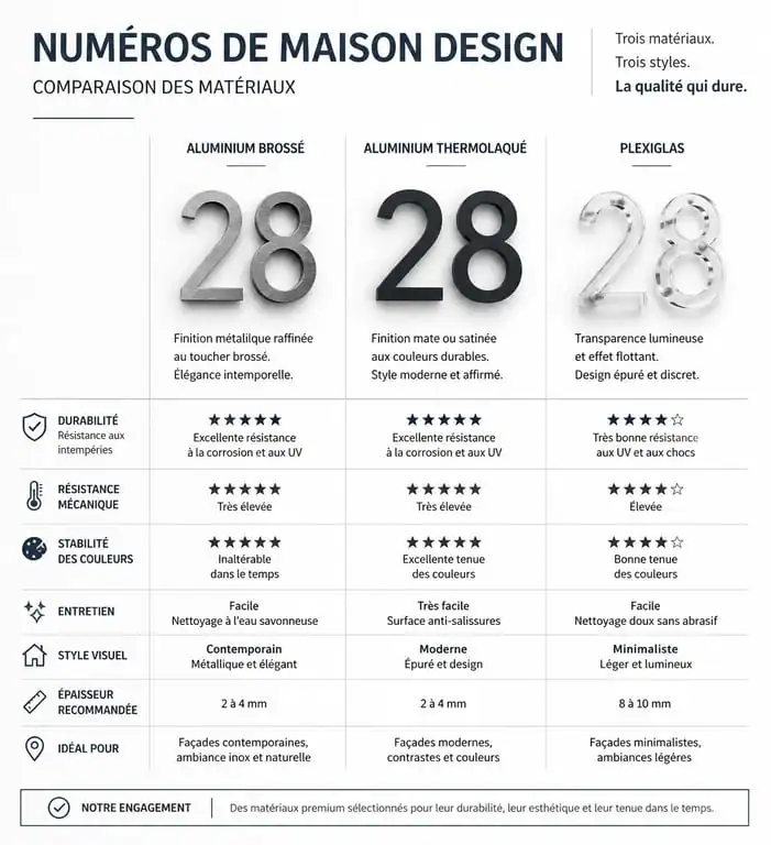 Infographie comparative des matériaux pour numéro de maison design : aluminium, inox et plexiglas
