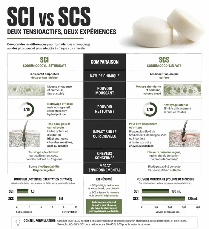 Infographie comparative des tensioactifs SCI et SCS dans les shampoings solides pour choisir le meilleur produit selon son type de cheveux.
