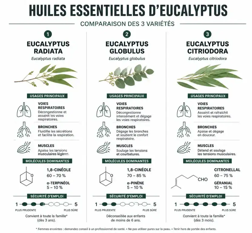 Infographie comparative des huiles essentielles d'eucalyptus : Radiata, Globulus et Citriodora pour comprendre leurs usages et précautions.