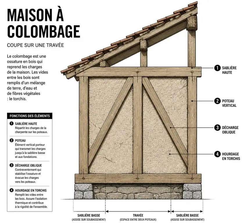 Schéma technique de la structure d'une maison à colombage