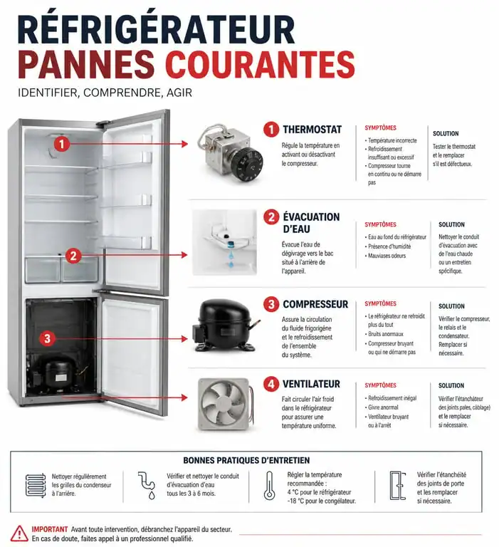 Infographie des pannes courantes de réfrigérateur et solutions de dépannage frigo