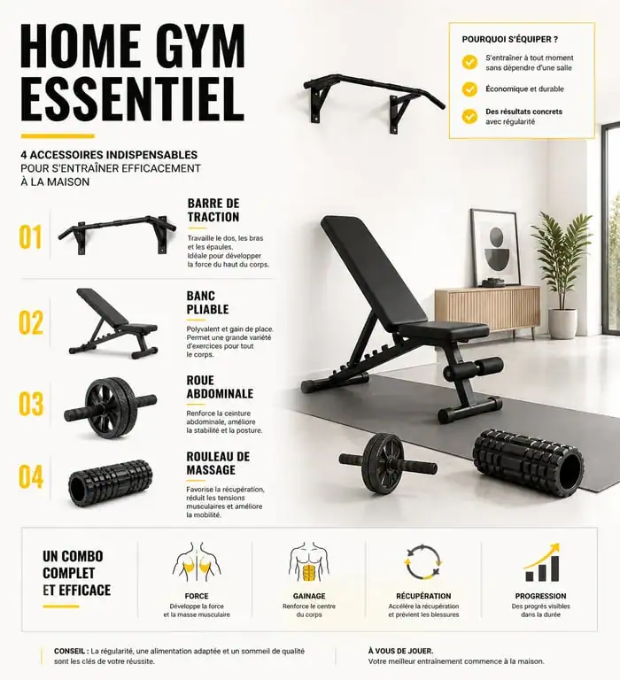 Infographie des accessoires de musculation maison indispensables pour un home gym efficace