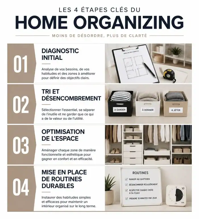 Infographie des étapes d'une aide au rangement maison et home organizing