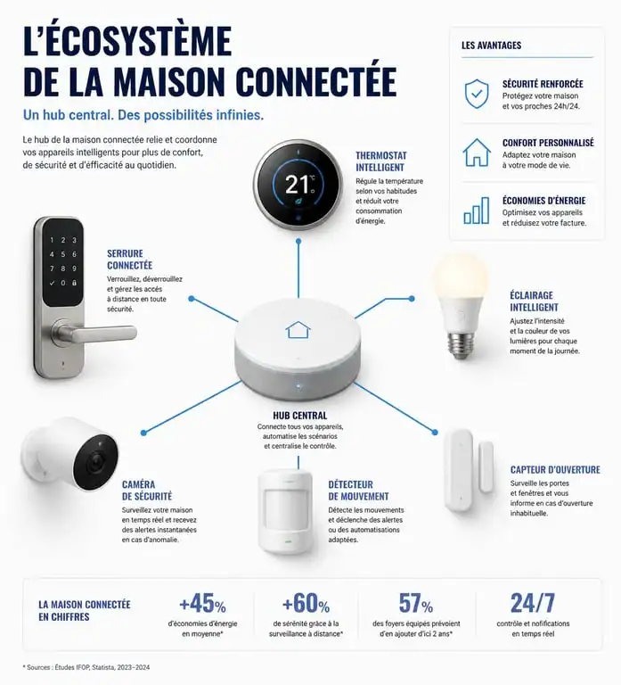 Schéma illustrant l'interconnexion des appareils dans une maison domotique intelligente