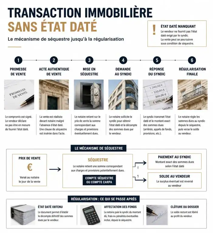 Schéma du processus de vente immobilière sans état daté avec mise en place d'un séquestre notarié