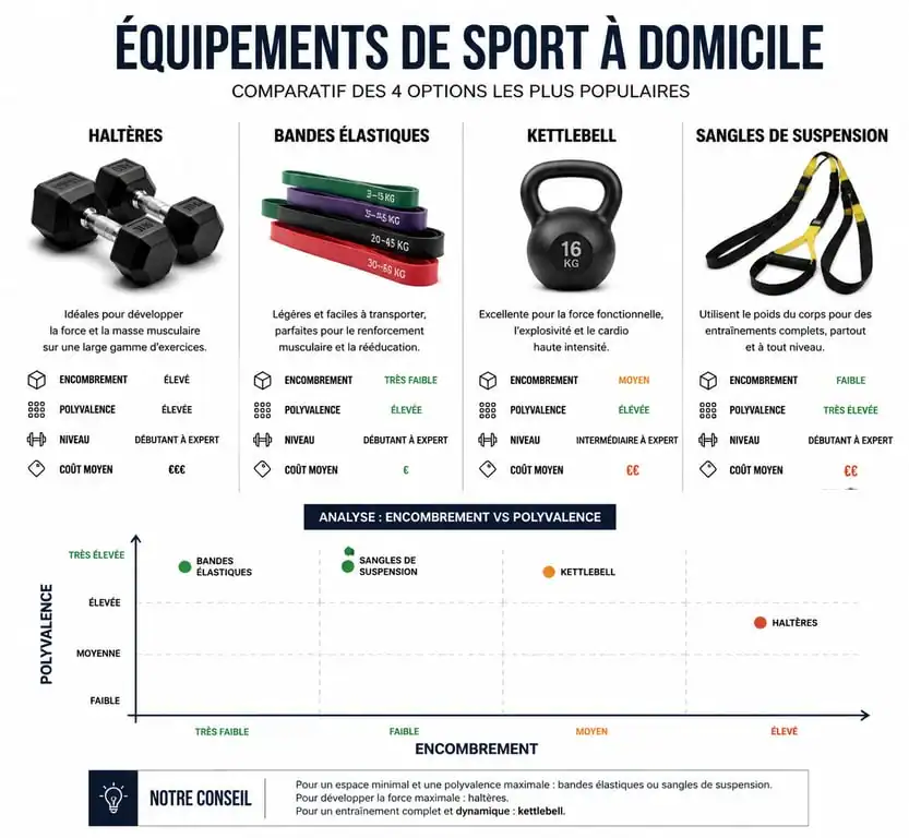 Infographie comparative du matériel de sport maison : haltères, élastiques, kettlebell et sangles de suspension