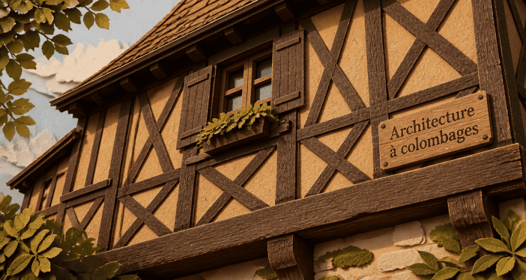Façade colombage maison avec pans de bois et torchis