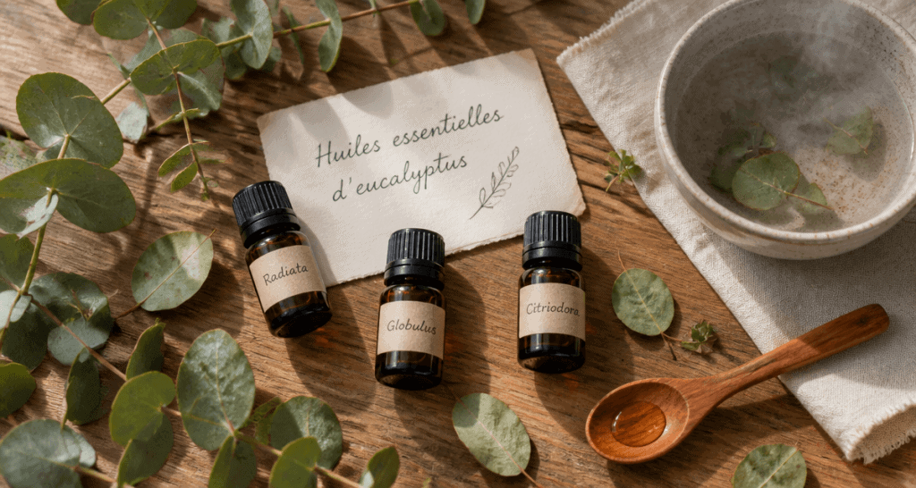 huile essentielle eucalyptus utilisation trois flacons sur plateau bois