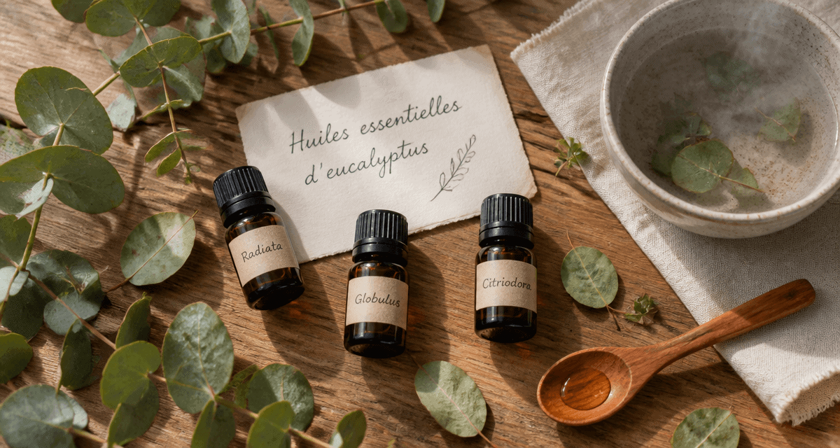 huile essentielle eucalyptus utilisation trois flacons sur plateau bois
